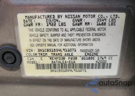 2004 Nissan Sentra 1.8 из США, поврежденный, VIN 3N1CB51D54L911071